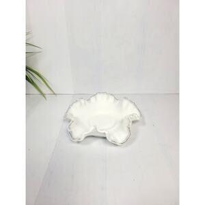 Vintage Fenton Silver Crest Dish, Ruffled White Milk Glass Bon Bon Candy Bowl 6"